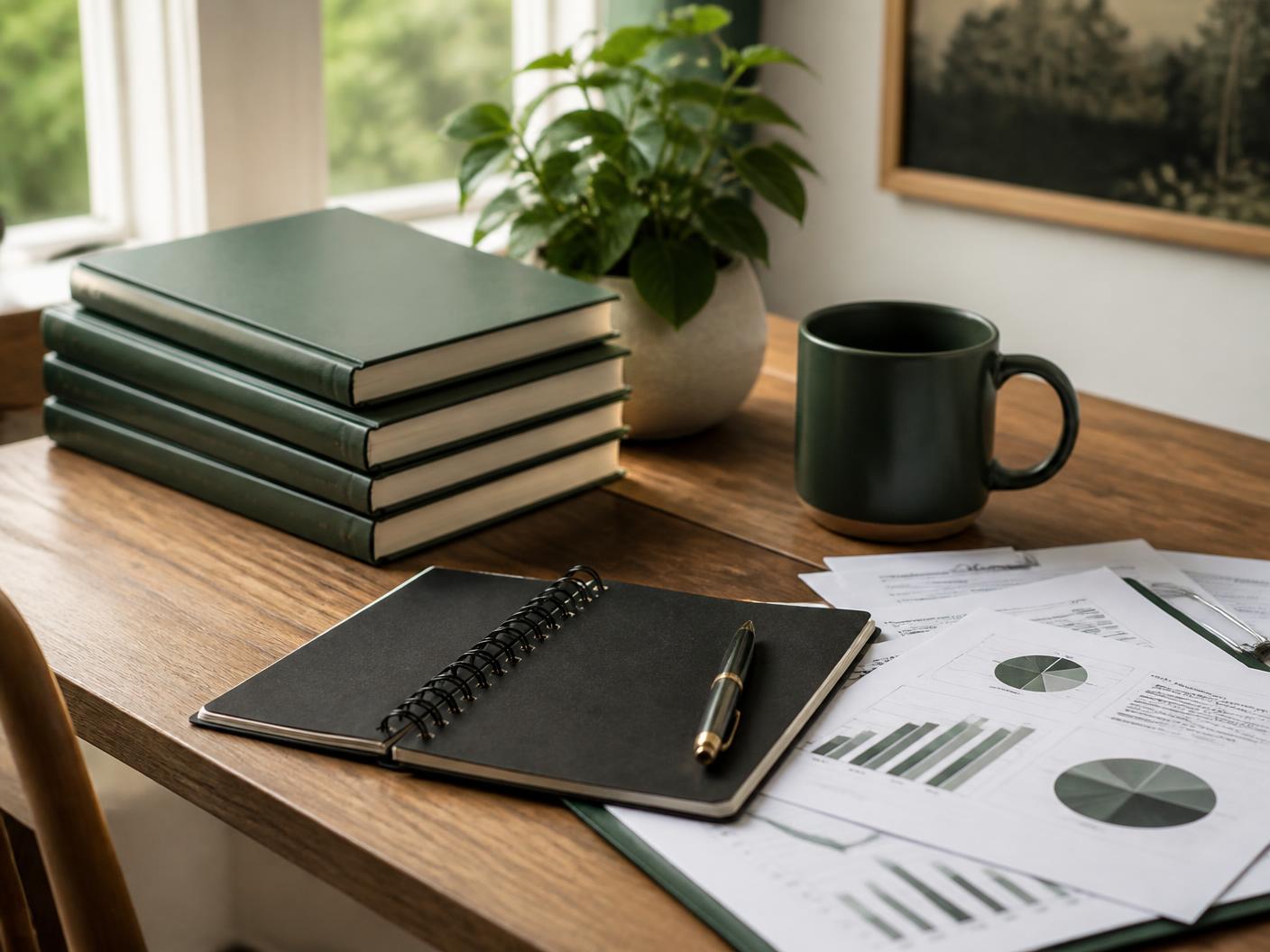 Desk with financial reports, notebook, books, plant and a mug in natural light